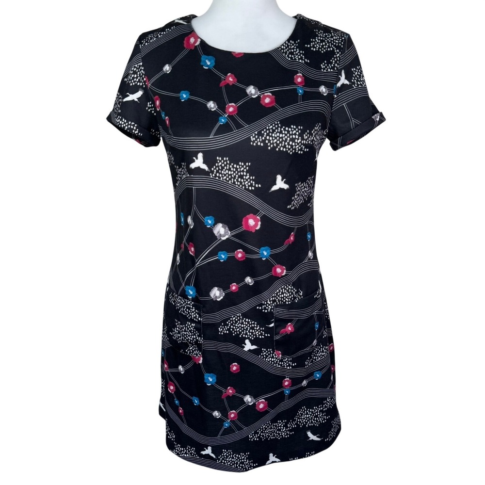 YUMI LONDON NWT Women's 6 Black Bird Floral Print Pockets Shift Mini Dress
